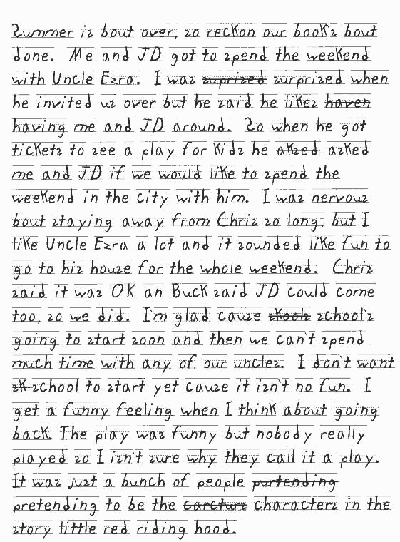 Summer is bout over, so reckon our book's bout done. Me and JD got to spend
  the weekend with Uncle Ezra. I was suprised surprised when he invited us
  over but he said he likes haven having me and JD around. So when he got tickets
  to see a play for kids he aksed asked me and JD if we would like to spend
  the weekend in the city with him. I was nervous bout staying away from Chris
  so long, but I like Uncle Ezra a lot and it sounded like fun to go to his
  house for the whole weekend. Chris said it was OK an Buck said JD could come
  too, so we did. I'm glad cause skools school's going to start soon and then
  we can't spend much time with any of our uncles. I don't want sk school to
  start yet cause it isn't no fun. I get a funny feeling when I think about
  going back. The play was funny but nobody really played so I isn't sure why
  they call it a play. It was just a bunch of people purtending pretending
  to be the carcturs characters in the story little red riding hood.