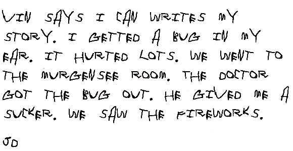 Vin says I can writes my story. I getted a bug in my ear. It hurted lots. We went to the murgensee room. The doctor got the bug out. He gived me a sucker. We saw the fireworks. 

JD