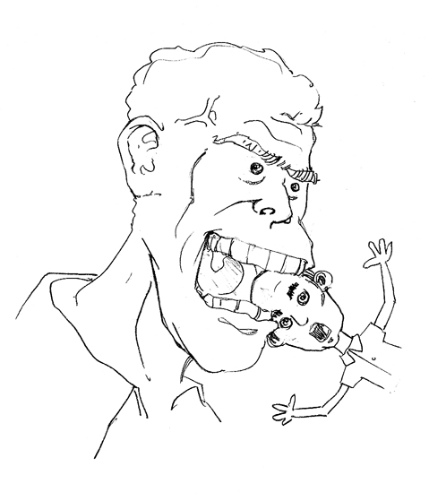cartoon drawing of large Josiah with lecturer's small head in his mouth