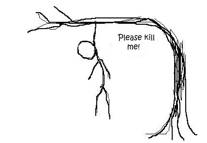Stick figure hanging from a tree limb with the words Please Kill Me written near his head