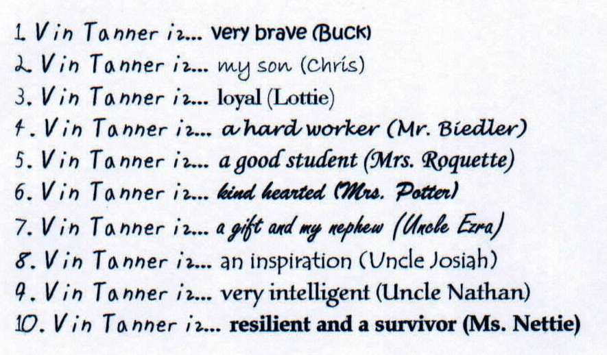 1. Vin Tanner is... very brave (Buck)
2. Vin Tanner is... my son (Chris)
3. Vin Tanner is... loyal (Lottie)
4. Vin Tanner is... a hard worker (Mr. Biedler)
5. Vin Tanner is... a good student (Mrs. Roquette)
6. Vin Tanner is... kind hearted (Mrs. Potter)
7. Vin Tanner is... a gift and my nephew (Uncle Ezra)
8. Vin Tanner is... an inspiration (Uncle Josiah)
9. Vin Tanner is... very intelligent (Uncle Nathan)
10. Vin Tanner is... resilient and a survivor (Ms. Nettie)